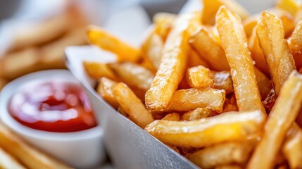 A highly detailed close-up of French fries in a paper tray, capturing their golden texture and crispiness with a small bowl of glossy ketchup beside them.