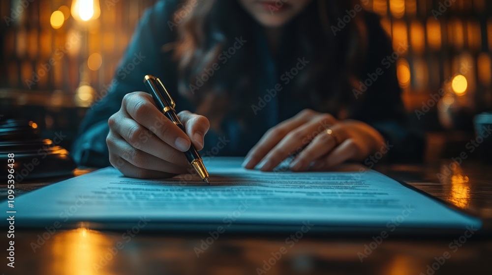 Poster a person signing a document with a pen, illuminated by warm light in a formal setting.