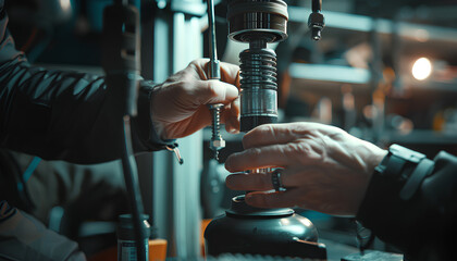 Closeup hand man with screwdriver changing tire and maintaining a car shock absorbers at garage
