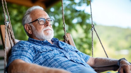 An elderly man with glasses enjoys peaceful solitude as he sits on a porch swing, surrounded by greenery, reflecting contemplation and tranquility on a sunny day.