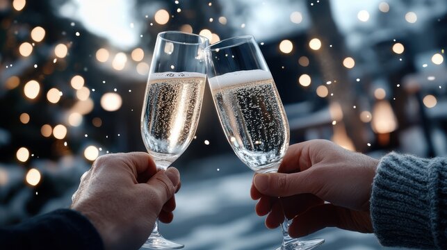 Two hands clinking champagne glasses in a snow-covered setting with bokeh lights, symbolizing celebration and connection in a magical winter wonderland.