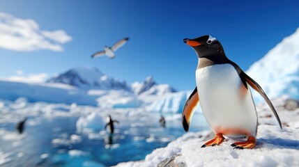 Obraz premium A vivid scene of a Gentoo penguin standing by the icy waters of Antarctica, with majestic mountains and other penguins in the background, capturing nature's beauty.