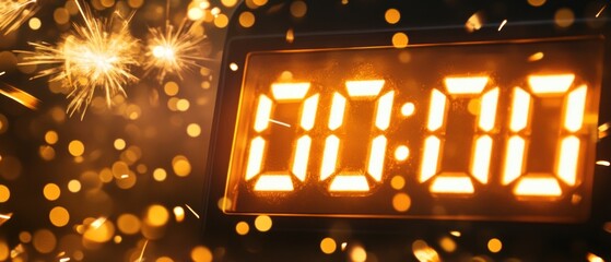 A digital timer displays 0000 amidst sparkling lights, indicating a countdown or celebration.