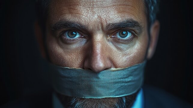 A close-up of a man with duct tape over his mouth, conveying a sense of distress or captivity.
