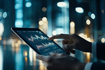 A person interacts with dynamic financial graphs on a tablet in a sleek, modern space, emphasizing technology, economy, and the importance of mobile data management.