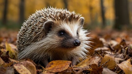 Fototapeta premium Brown and white hedgehog is sitting on the ground