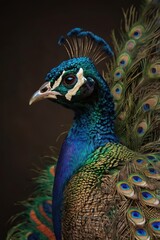 Obraz premium Blue and green peacock with a blue head and green tail feathers