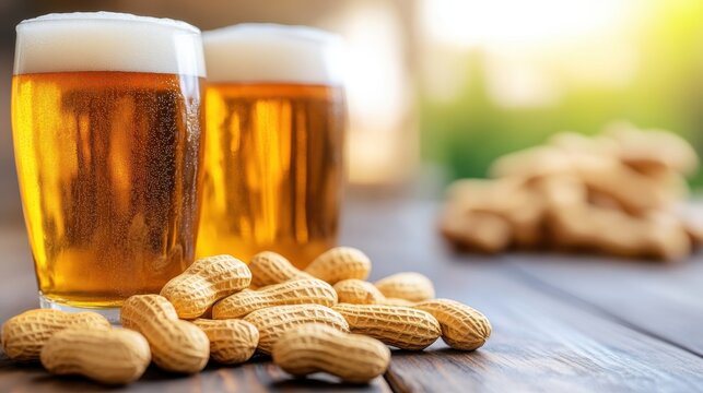 Two glasses of golden beer with frothy tops, set on a wooden table amidst peanuts, symbolizing leisure, enjoyment, and companionship. - Powered by Adobe