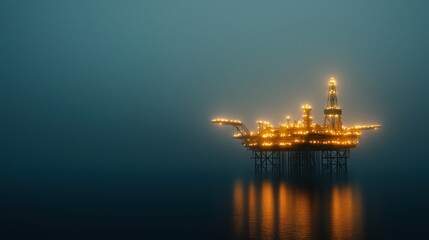 Fototapeta premium Nighttime view of an illuminated offshore oil rig surrounded by dark ocean, showcasing industrial design and energy