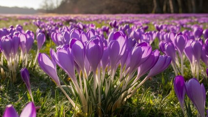 Purple Crocus Meadow: A breathtaking view of a vibrant purple crocus field bathed in the warm glow...