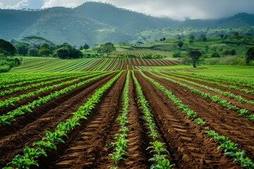 Obraz premium Tobacco seedlings growing in rows in a field, illustrating agricultural practices and cultivation in a picturesque landscape