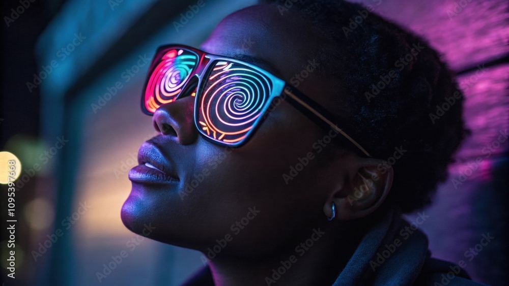 Poster In a dimly lit environment a portrait captures an individual with oversized square glasses. The lenses reflect an array of swirling neon colors creating a mesmerizing pattern that