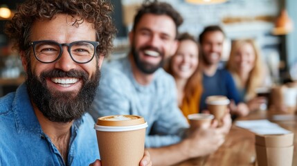 Six friends sit in a cozy cafe enjoying steaming coffees. The warm, inviting ambiance encourages joyful interactions, mirroring the camaraderie and warmth shared.