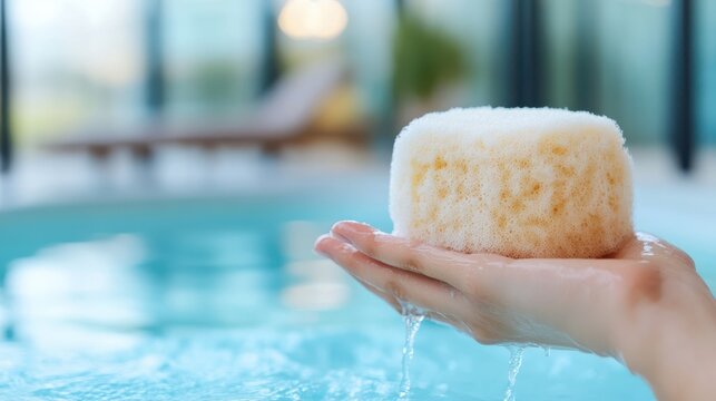In a tranquil setting, a hand cradles a frothy sponge above a swimming pool, capturing a moment of serenity and cleanliness with cascading water droplets.