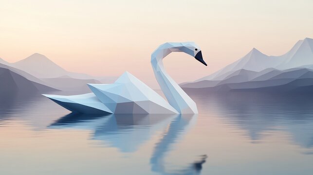 Low-poly swan floats on calm lake at sunrise, mountains in background.