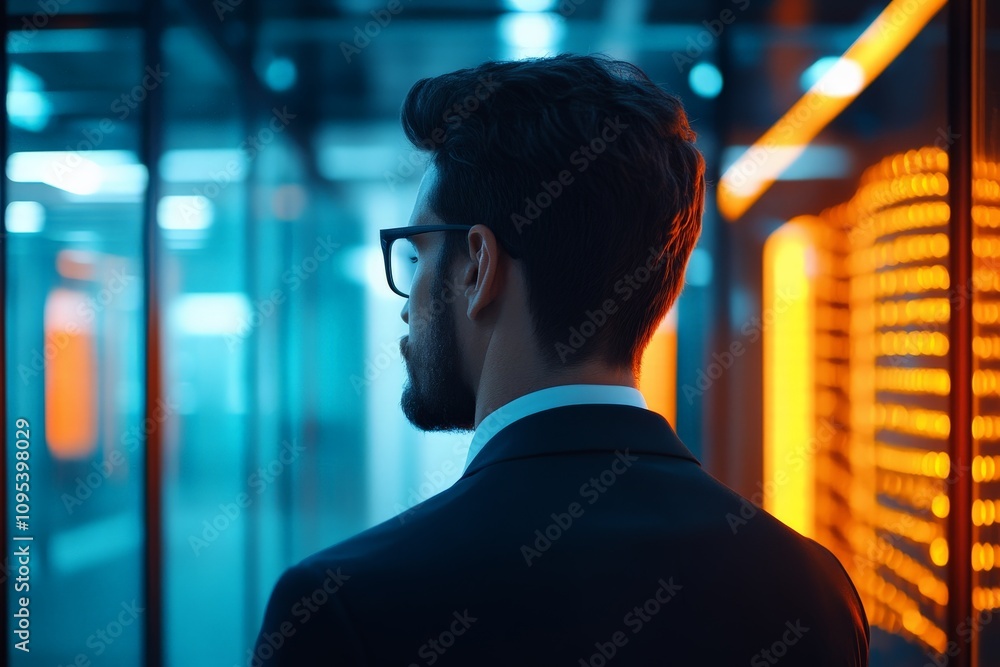 Poster a man with glasses stands in a data center, observing an array of pulsating servers, exuding an atmo