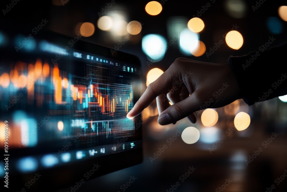 Poster a finger precisely interacts with a smart screen that visualizes dynamic data. the array of bright g