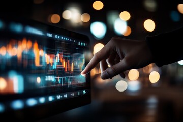 A finger precisely interacts with a smart screen that visualizes dynamic data. The array of bright graphs highlights technology's role in futuristic data analysis