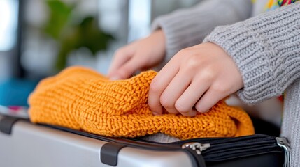 Hands skillfully packing an orange sweater into a sleek silver suitcase, portraying warmth, travel readiness, and organized preparation, embodying journey elements.