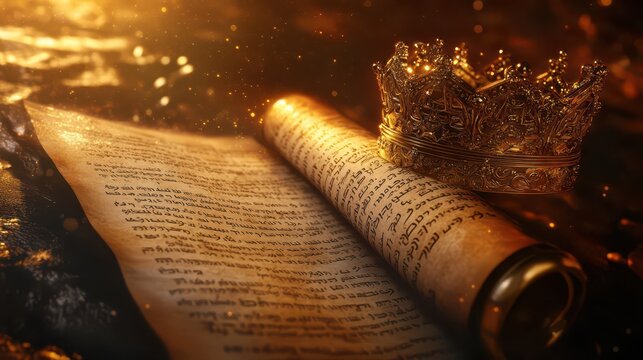 Purim celebration with ancient scrolls and golden crown. Horizontal banner. Illustration with Scroll of Esther and crown on a blue festive background. Copy space. Chag Purim sameach