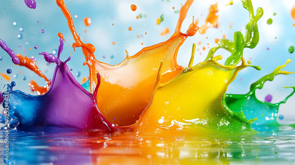 Poster paint splashes in vibrant colors creating dynamic artistic effects with water