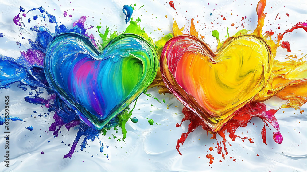 Poster paint splashes with colorful hearts in vibrant hues creating a dynamic artistic background