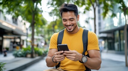 A young man in a yellow shirt and backpack joyfully checks his phone while sitting in a vibrant urban setting, expressing connectivity and contentment in a modern lifestyle.