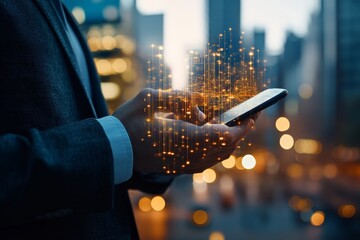A person holding a smartphone with digital lights overlay, symbolizing connectivity and technology, set against a blurred cityscape at night for a futuristic feel.