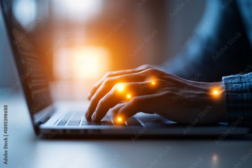 Poster hands typing on a laptop with digital light effects, depicting imagination, innovation, and digital 