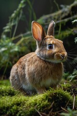 Fototapeta premium Brown rabbit is sitting on a mossy patch of ground