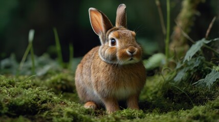 Fototapeta premium Brown rabbit is standing in a field of grass