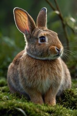 Fototapeta premium Brown rabbit is sitting on a patch of moss