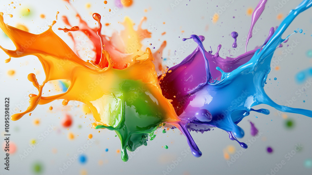 Poster paint splashes with vibrant colors creating artistic explosion and dynamic texture