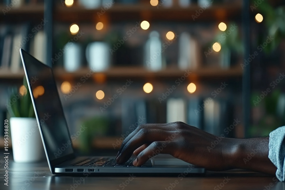 Poster a focused individual types on a sleek laptop in an ambient setting, surrounded by blurred bokeh ligh