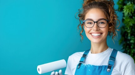 A happy woman with curly hair and glasses wears a blue apron while holding a white paint roller, standing against a teal background representing creativity and cheer.