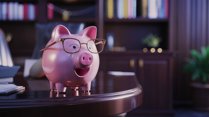 Smart Piggy Bank on Desk: A playful piggy bank with glasses sits on a desk in a home office setting, embodying the concept of financial savvy and responsible saving.