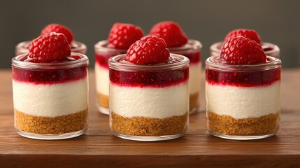 Mini desserts in glass jars feature layers of creamy cheesecake, raspberry topping, and a crumbly base, garnished with fresh raspberries.