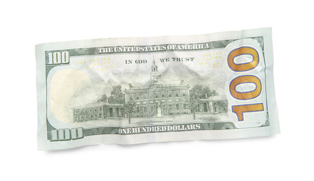 One crumpled dollar banknote isolated on white, top view