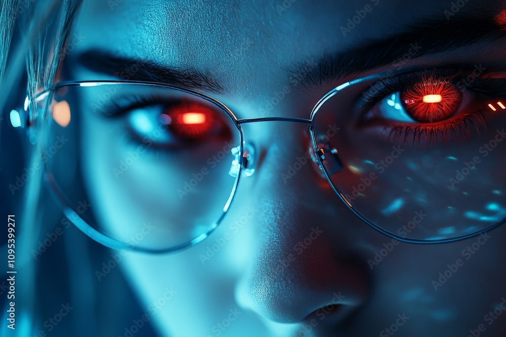 Poster a close-up image of translucent glasses reflecting a vibrant red display, symbolizing the intersecti