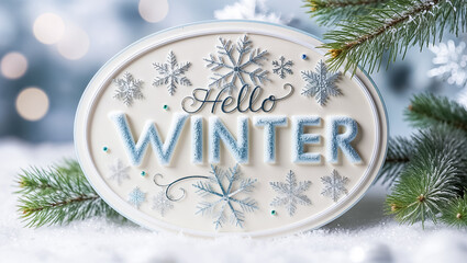 inscription hello winter, fir tree branches, snowflakes