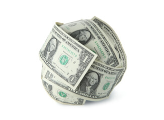 Ball made of dollars isolated on white