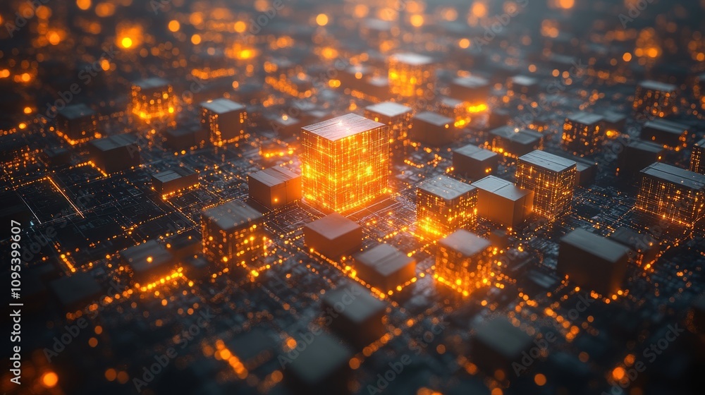 Poster a close-up view of a digital landscape with glowing cubes and intricate circuitry.