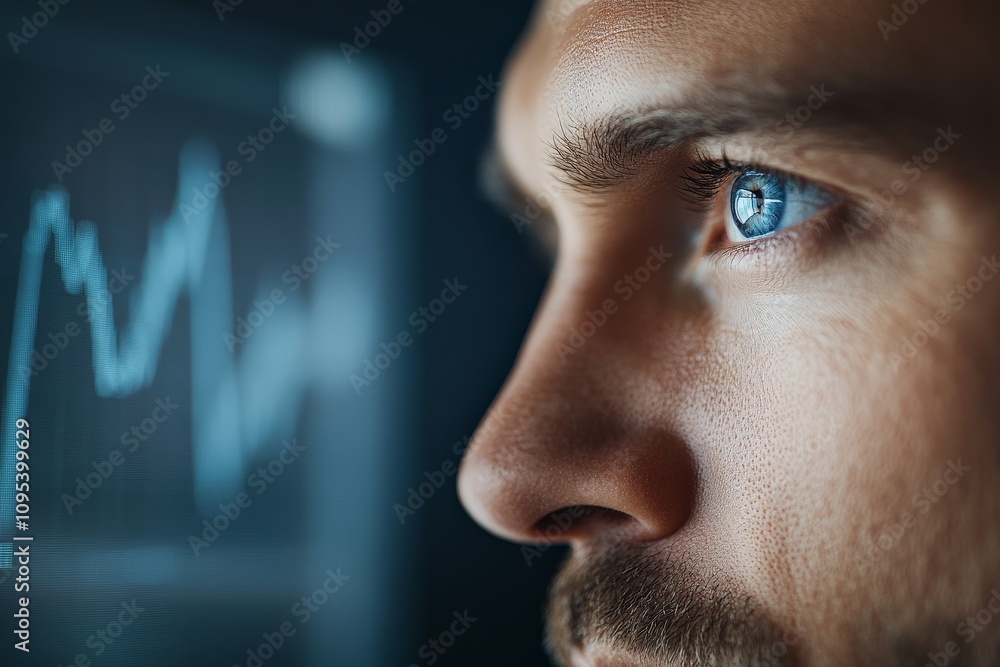 Poster a close-up image of an eye reflecting line graphs on a screen, highlighting analysis, focus, and pre