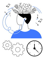 Person listening to music with plants sprouting from head. Floating musical notes. Themes relaxation, productivity, creativity, stress relief, mindfulness, time management mental health. Line