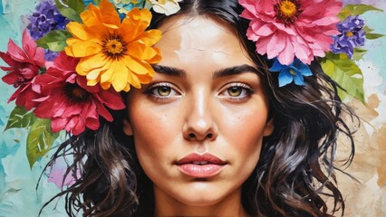 Naklejka premium A captivating woman adorned with vibrant flowers and colorful paint in a stunning artistic portrait