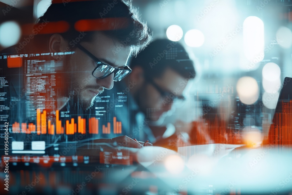 Poster two men immersed in coding work on laptops amidst digital screens filled with data, exemplifying tea
