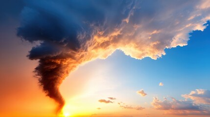 Obraz premium A swirling tornado forms under vibrant clouds at sunset, creating a dramatic scene combining the peacefulness of twilight with nature's raw power and unpredictability.