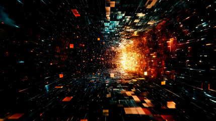 Fototapeta premium Space corridor, matrix of digital pixels. Endless glowing space-time tunnel. Matrix of fate. Choice and fate concept. Mysticism. Magical thinking