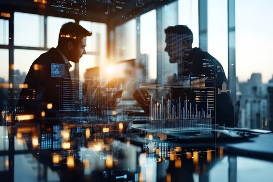 Two businessmen are engaged in a discussion within a high-tech office space at dusk, with digital elements overlaying their surroundings, representing modern business.