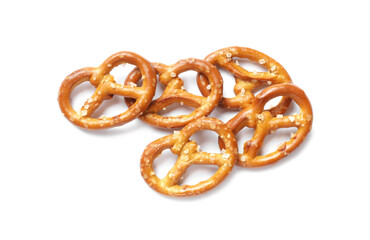 Many delicious pretzel crackers isolated on white, top view